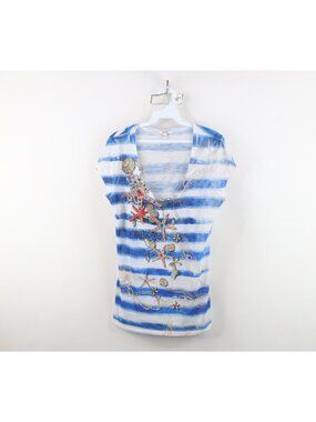 Vintage Y2K Cache Women Large Babydoll Beach Chain All Over Print T-Shirt USA